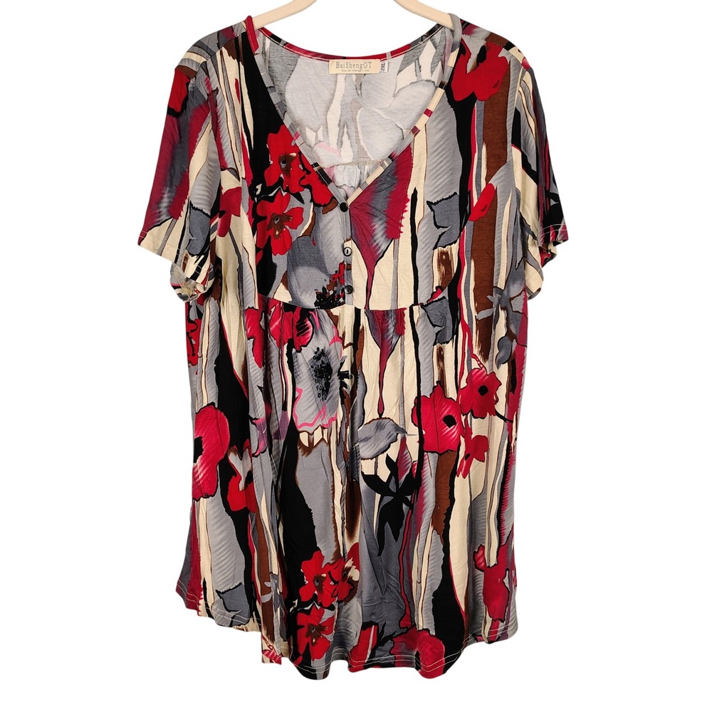 Womens 2XL BaiShengGT Short Sleeve Floral Abstract Top Multicolor Rayon Boho